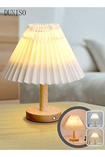 fun zone DUNISO Small Pleated Table Lamp - 3-Mode Touch Bedside Lamp with Beige Shade, Wood Base
