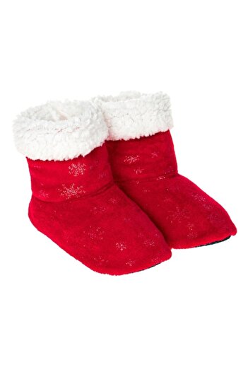 SHOPIENS Christmas Slippers for Women - Red Polyester with Silver Snowflakes, White Faux Fur, Non-slip Sole