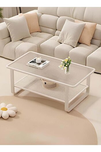 Taimi Modern Design 2-Tier Coffee Table 100x50x42cm -Center Table with Tempered Glass & Metal Frame White