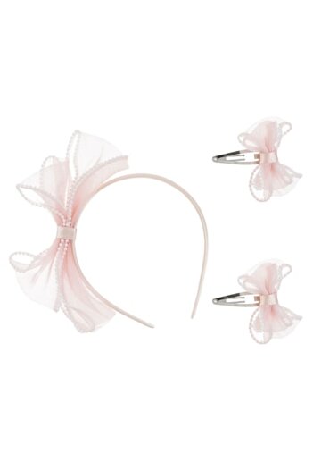 SHOPIENS Hair Accessories Set, Pink Bow and White Beads, 3 pieces