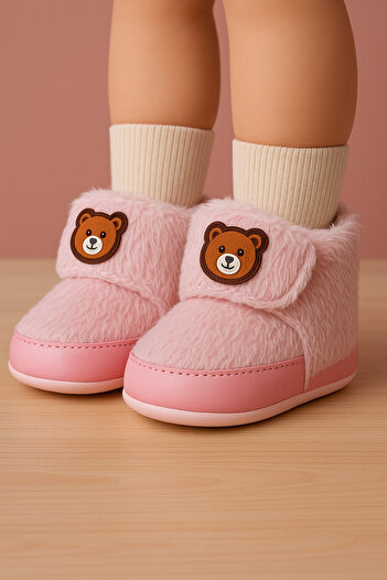 eradkids Premium Plush Teddy Bear Detailed Soft Sole Baby Girl Shoes-Baby Booties