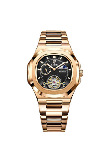 Lige 6821 Rose Gold-Black Men's Watch – Mechanical, Business Design