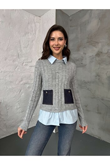 Elif Özbey Butik Gray Shirt Collar Knitwear Sweater