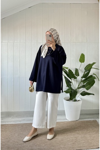 Mira İpek Slit Soft Double Face Fabric Tunic Drawstring Tunic Shawl with Gift