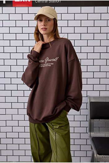 HEQA Nakışlı Sweatshirt Acı Kahve