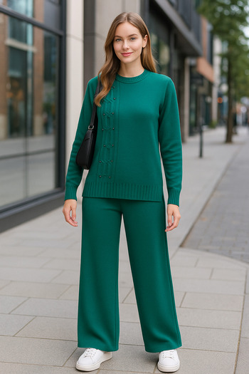 semela New Season Side Hair Braided Pearl Detail Knitwear Set