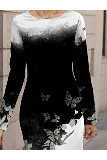 REKA MODA Women's Long Sleeve Crew Neck Floral Print Short Raised Diving Dress