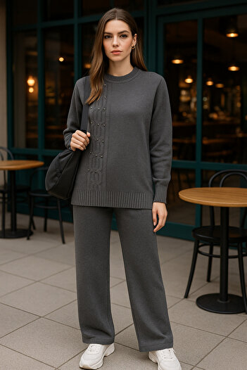 semela New Season Side Hair Braided Pearl Detail Knitwear Set