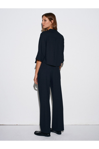 Dilvin 50530 V-Neck Buttoned Blouse-Black