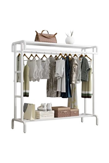 EMATTERIO Double Clothes Rack with Shoe Rack, Storage Space, 150x109x50cm, 70kg Maximum Weight, White