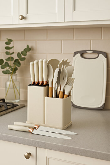 Dania 19-piece Beige Silicone Kitchen Utensils and Granite Knives Set