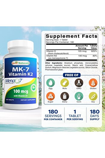 Best Natural Best Naturals Vitamin K2 (MK7) with D3, 5000 IU D3 & 100 mcg K2, 180 Tablets
