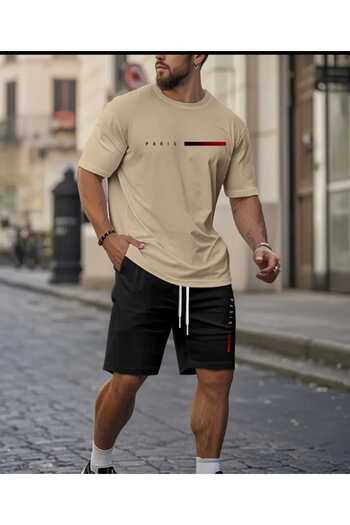 ORVIO Group Men's'Paris' Letter Print Striped T-Shirt and Shorts Set