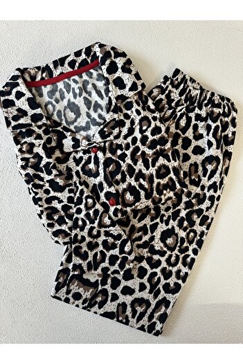 Feruzdesign Set de pijamale cu mâneci lungi cu nasturi în față leopard