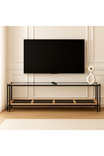 terndat Two-level plasma table, beige wood, clear glass top, 180 cm - with a luxurious and elegant design