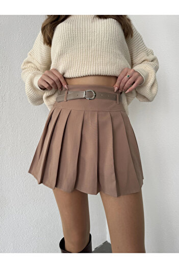 Asfa Moda Women's Mink Lined Shorts with Belted Pleated Winter Mini Skirt