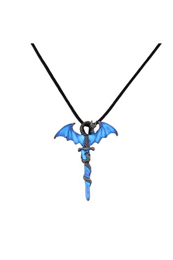 Tessero - Black faux-leather necklace with dragon-wrapped-around-sword pendant, blue phosphorescent,
