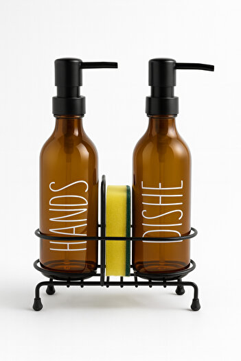 Blissra Amber Glass 2-Piece Liquid Soap Dispenser Set – Hands & Dishes Model with Sponge Holder and Metal Stand