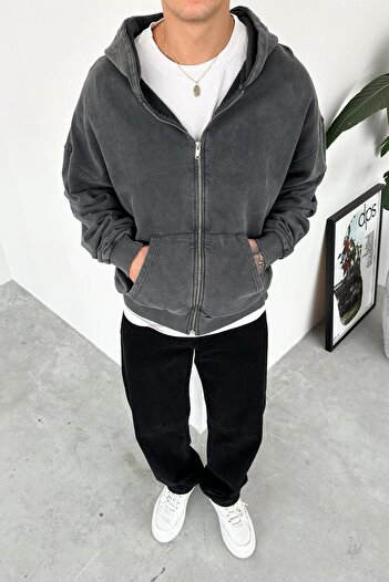 HAFKAGİYİM Acid Wash Basic Washable Full Zip Oversize Sweatshirt