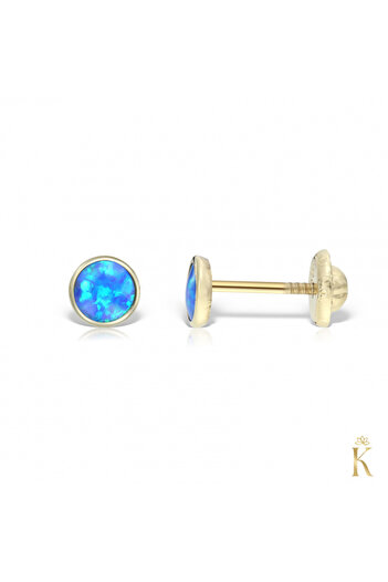 KALINI Infant/piercing protective earrings, 14K yellow gold, round blue opal 3 mm