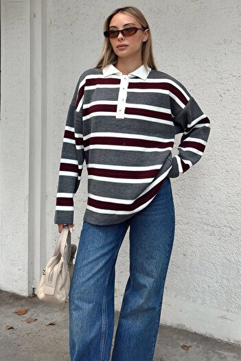 Swist Smoked Polo Neck Thick Striped Women's Knitwear Sweater