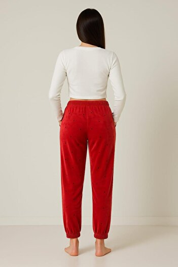 Pemilo Women's Pocketed Leggings with Elasticated Cuffs Velvet Single Bottom Red