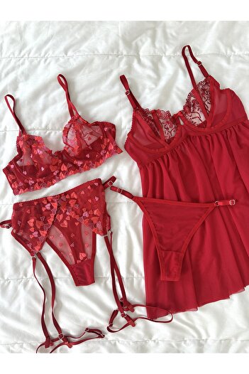 Feruzdesign Set de lenjerie intimă cu sârmă, roșu, 5 piese