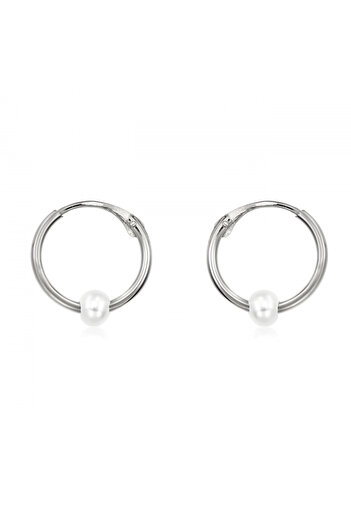 KALINI Newborn or piercing earrings, 14K white gold, small hoops with pearl, 8 mm