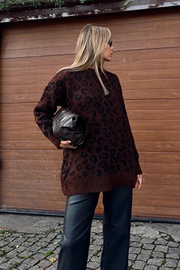 Swist Brown Gez Crew Neck Leopard Patterned Women's Knitwear Sweater