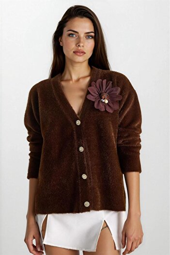 WeShaya Brown V-Neck Buttoned Soft Cardigan with Floral Accessories