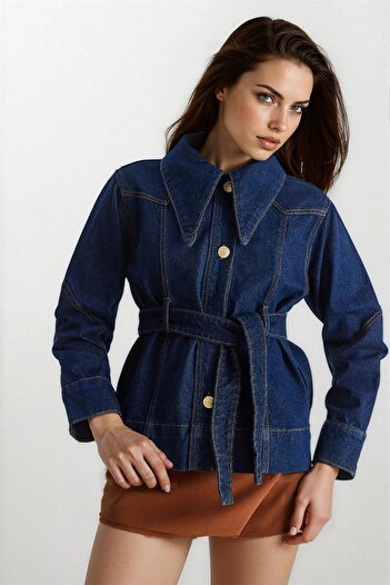 WeShaya Jachetă din denim 100% bumbac cu detaliu de cusătură cu centură albastru închis