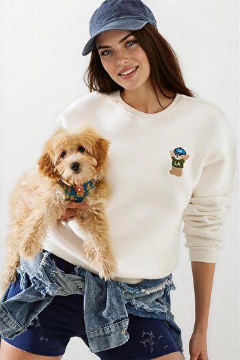 WeShaya Ecru Embroidered 100% Cotton 3 Thread Sweatshirt