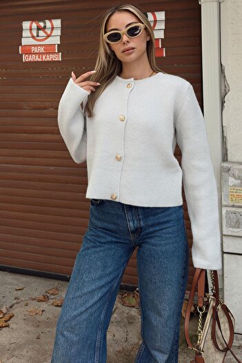 Swist Gray Seashell Buttoned Women's Knitwear Cardigan