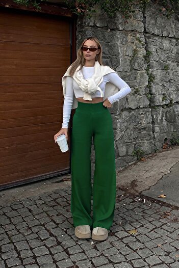 Swist Green High Waist Elastic Waist Women's Knitwear Pants