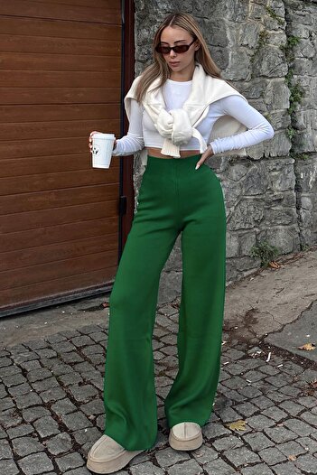 Swist Green High Waist Elastic Waist Women's Knitwear Pants