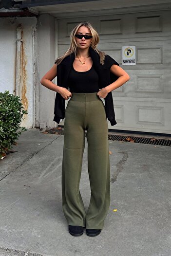 Swist Khaki High Waist Elastic Waist Women's Knitwear Trousers