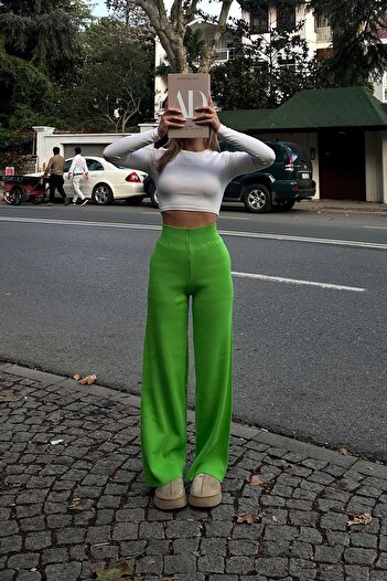 Swist Grass Green High Waist Elastic Waist Women's Knitwear Pants