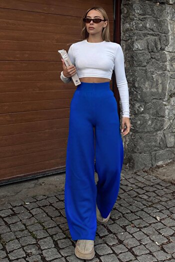 Swist Saks Blue High Waist Elastic Waist Women's Knitwear Trousers