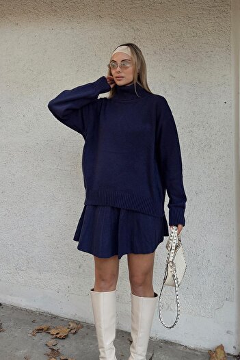 Swist Navy Blue Raina Turtleneck Sweater-Pleated Skirt Women's Knitwear Bottom Top Set