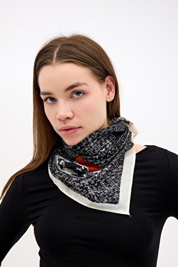 NİLİST Cotton Black-Cream Color-Grey Patterned Shawl Scarf