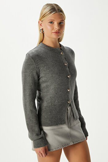 Ritnice Women's Donna Soft Textured Heart Button Anthracite Knitwear Cardigan