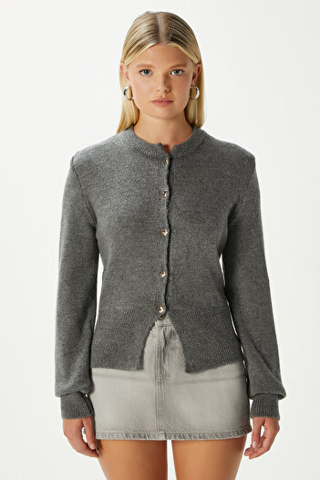 Ritnice Women's Donna Soft Textured Heart Button Anthracite Knitwear Cardigan