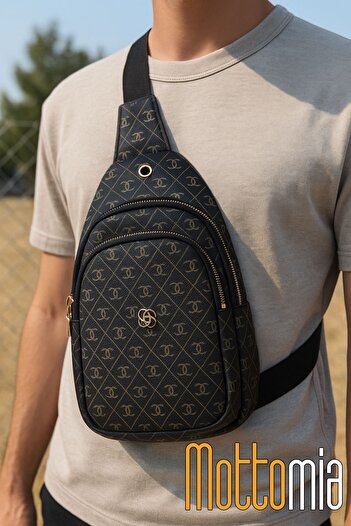 ENOY Unisex Siyah Monogram Desenli Çapraz Göğüs Çantası Vegan Deri Günlük Spor Çanta