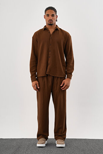 Redline Flare Winter Baggy Pants Oversize Shirt Bottom Top Set 100% Cotton Coffee
