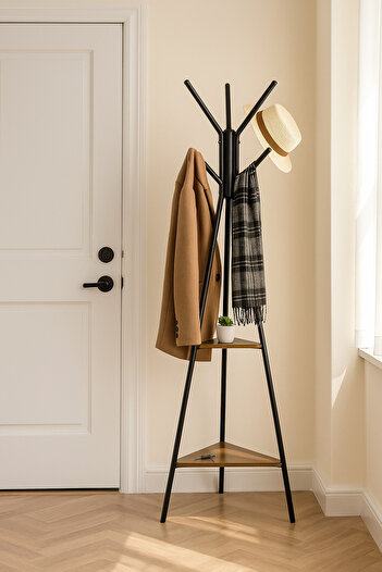 MARIA HOMES Modern Black Coat Rack – Metal Clothes Stand with Dual Wooden Shelves for Entryway & Bedroom