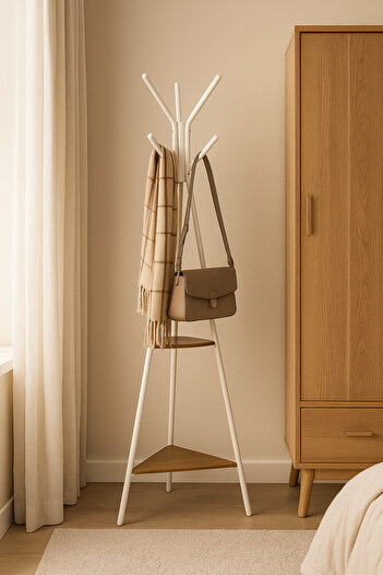 MARIA HOMES Modern White Coat Rack – Metal Clothes Stand with Dual Wooden Shelves for Entryway & Bedroom