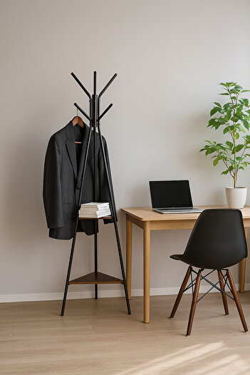 MARIA HOMES Modern Black Coat Rack – Metal Clothes Stand with Dual Wooden Shelves for Entryway & Bedroom
