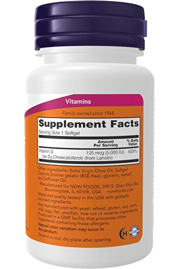Now Foods Supplements, Vitamin D-3 5,000 IU, High , Structural Support*, 240 Softgels
