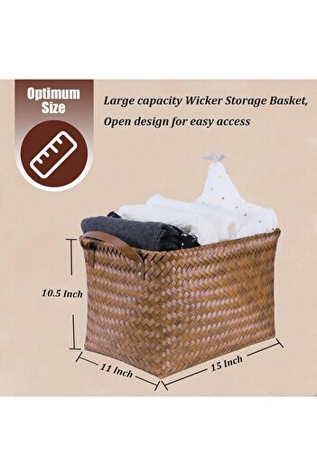 Xess Rectangular Rattan Storage Basket with Handle, 38 x 28 x 24 cm, Coffee