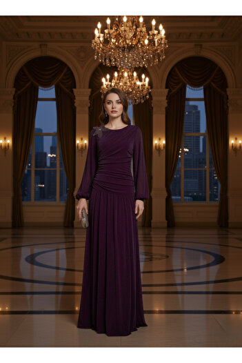 Opera Fashion Burgundy jersey sequin evening dress with derby design